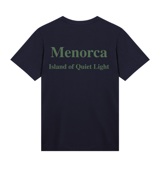 Supra-Quintessence Navy blue t-shirt with green text 'Menorca Island of Quiet Light' on a white background