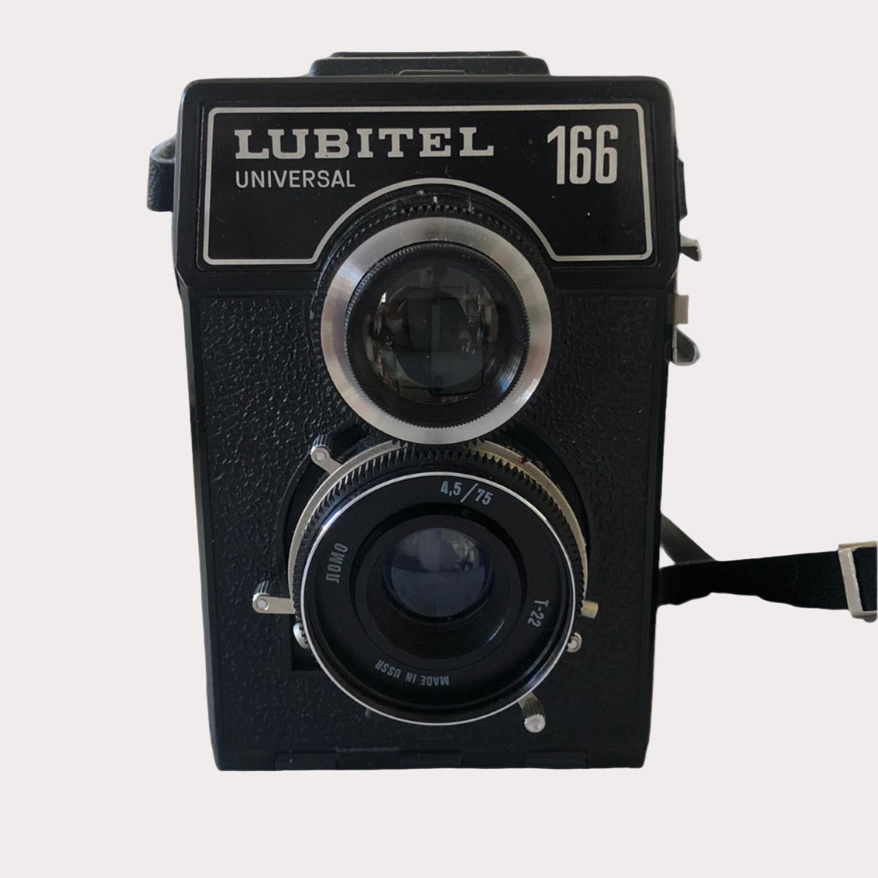 A black Lomo Lubitel 166 Universal Camera with a leather case, showcasing its twin-lens reflex design and analog film camera aesthetics.