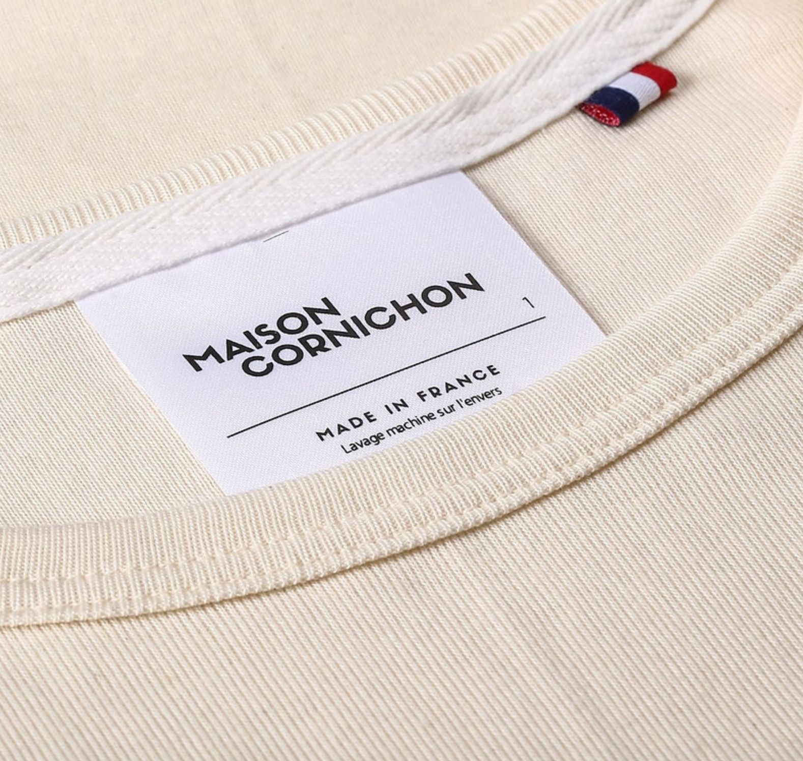 Maison Cornichon label on a beige T-Shirt