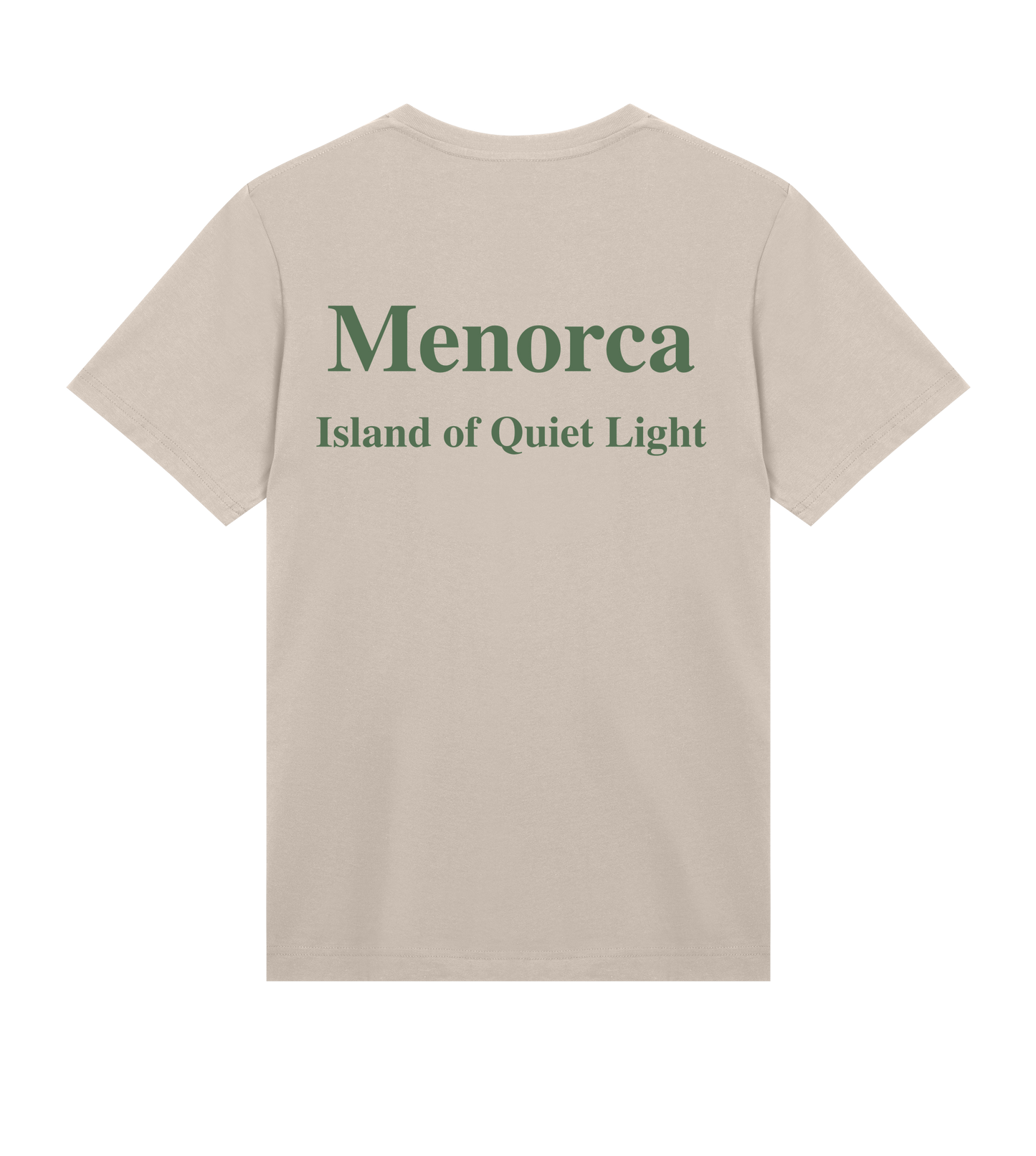 Supra-Quintessence Beige t-shirt with green text 'Menorca Island of Quiet Light' on a white background