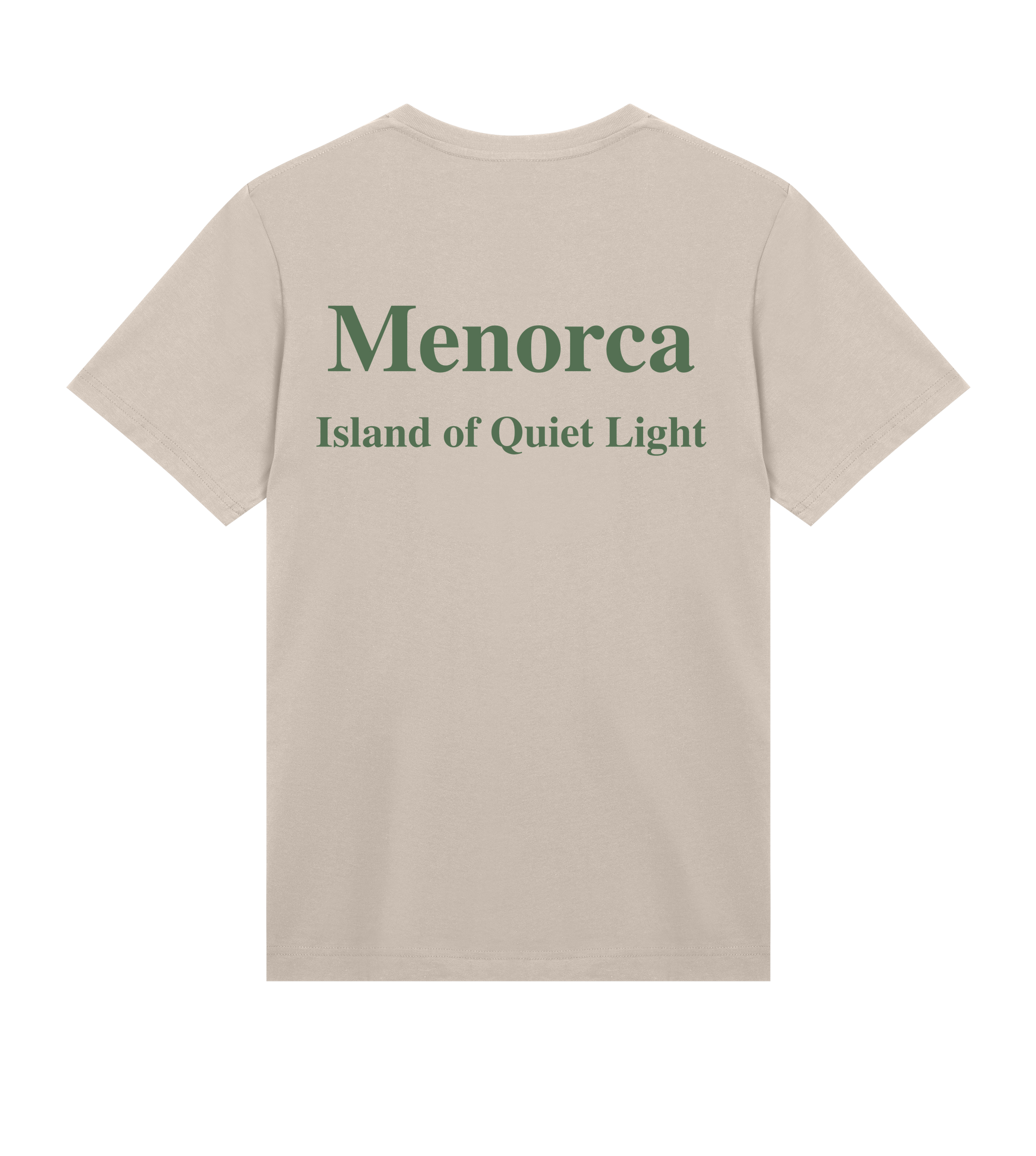Supra-Quintessence Beige t-shirt with green text 'Menorca Island of Quiet Light' on a white background