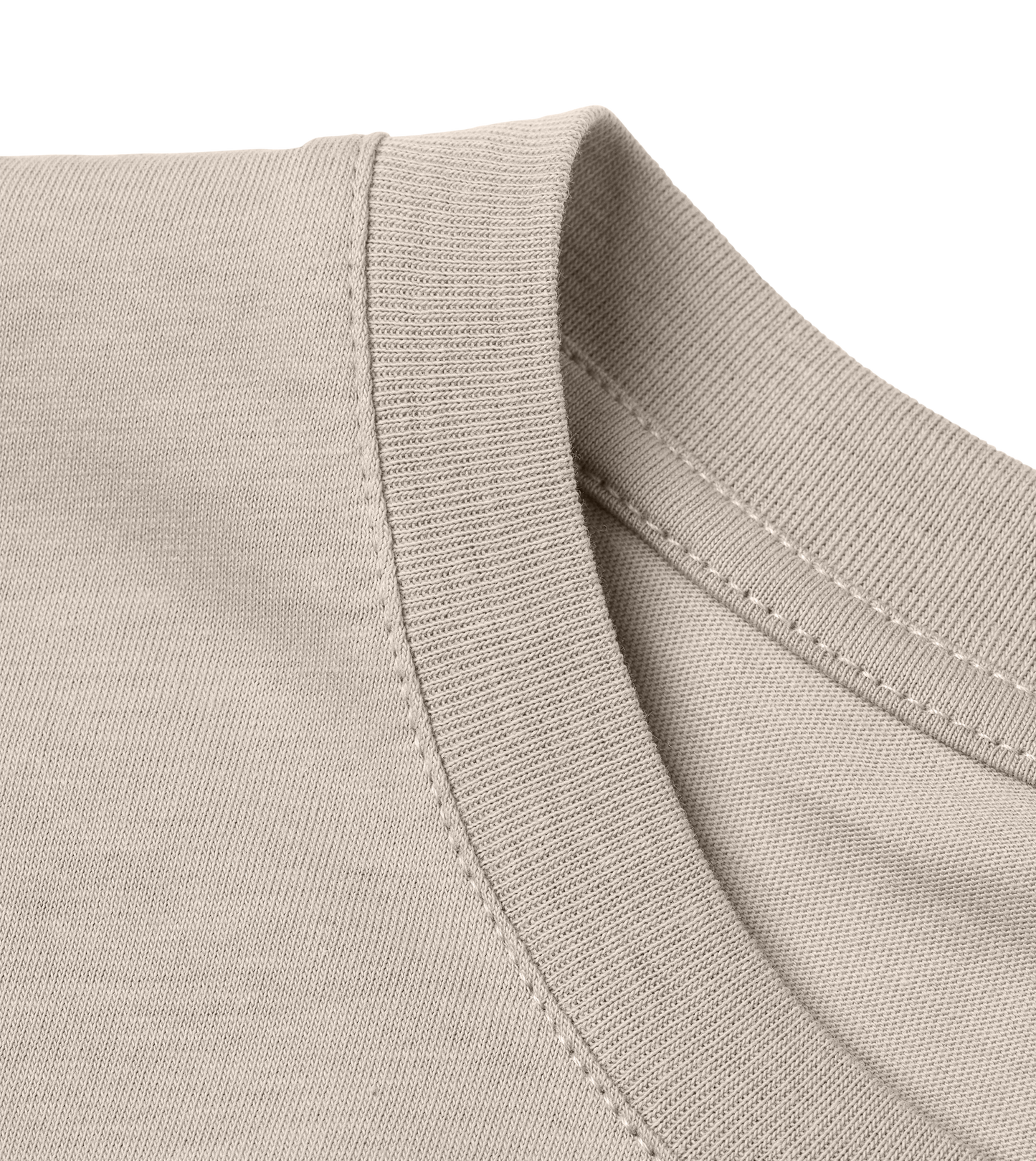 Close-up of a Supra-Quintessence beige T-Shirt with a collar and stitching detail on a white background