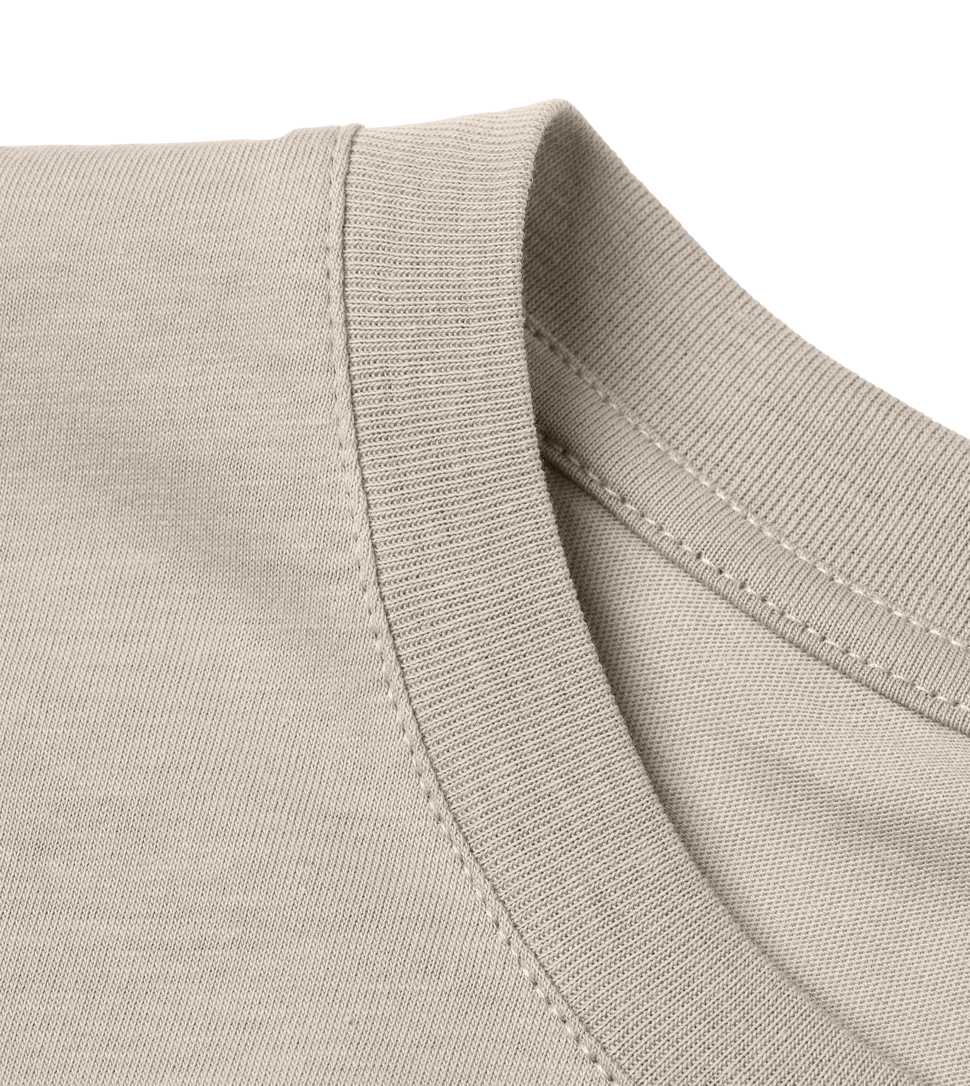 Close-up of a Supra-Quintessence beige T-Shirt with a collar and stitching detail on a white background