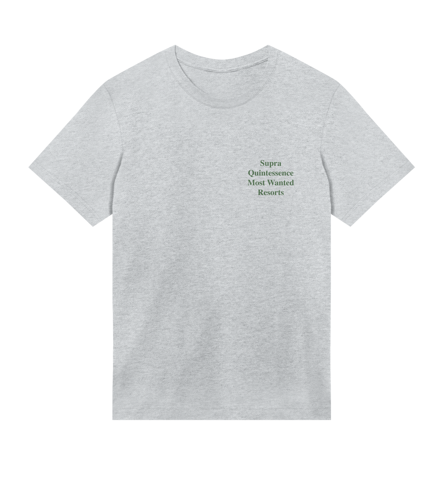Supra-Quintessence Gray t-shirt with text on a white background