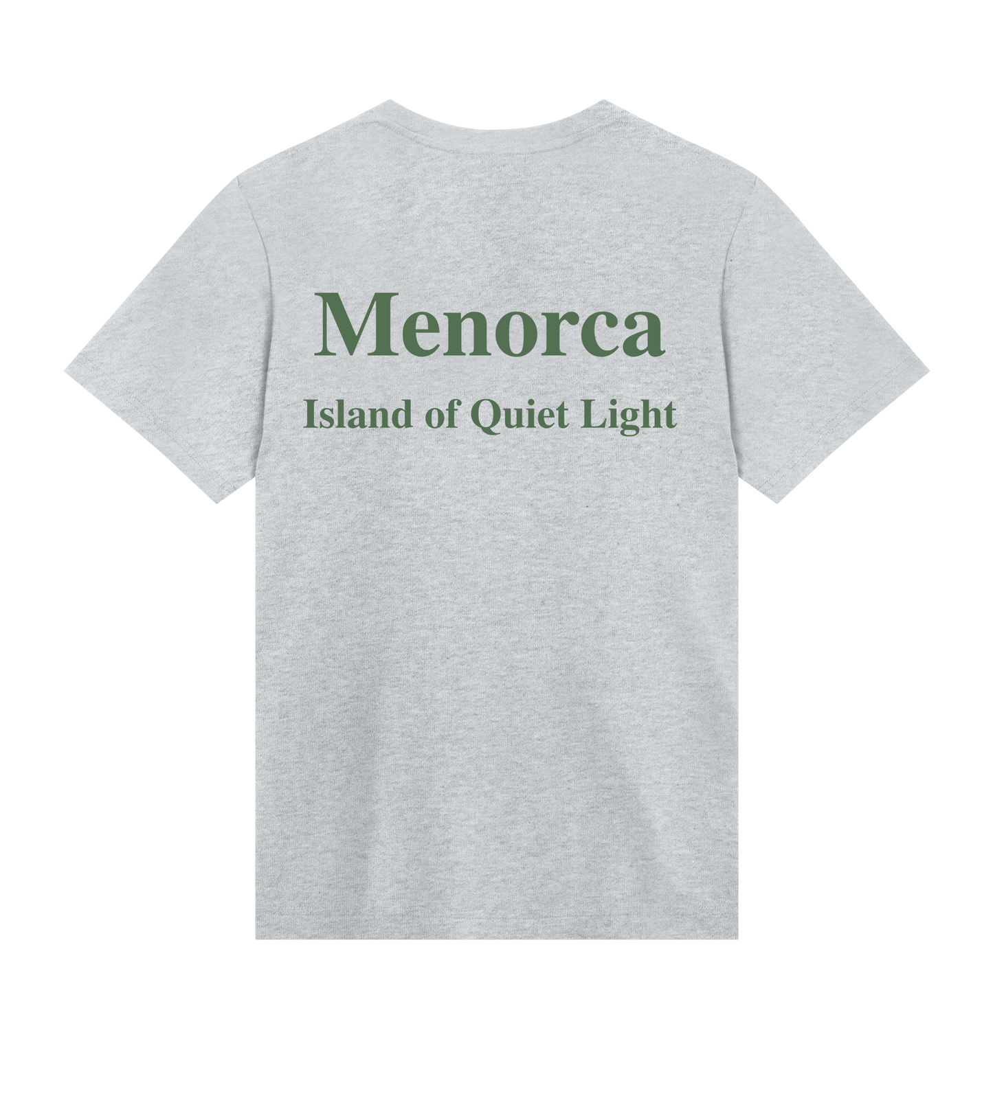 Supra-Quintessence Gray t-shirt with green text 'Menorca Island of Quiet Light' on a white background