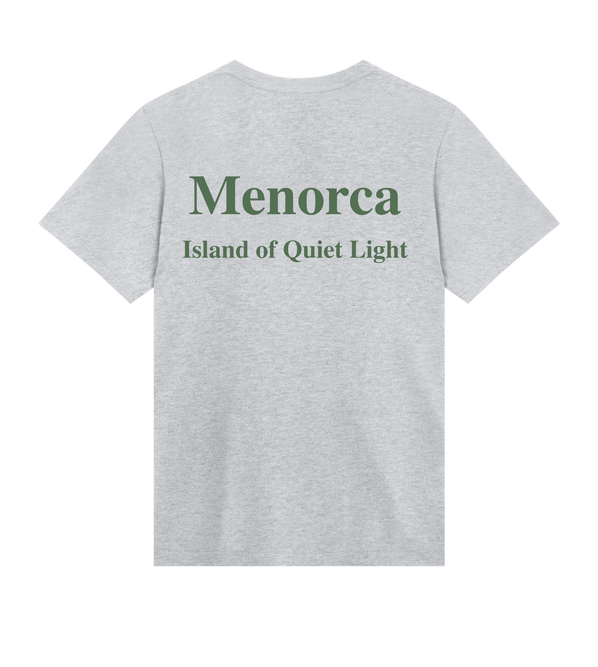 Supra-Quintessence Gray t-shirt with green text 'Menorca Island of Quiet Light' on a white background