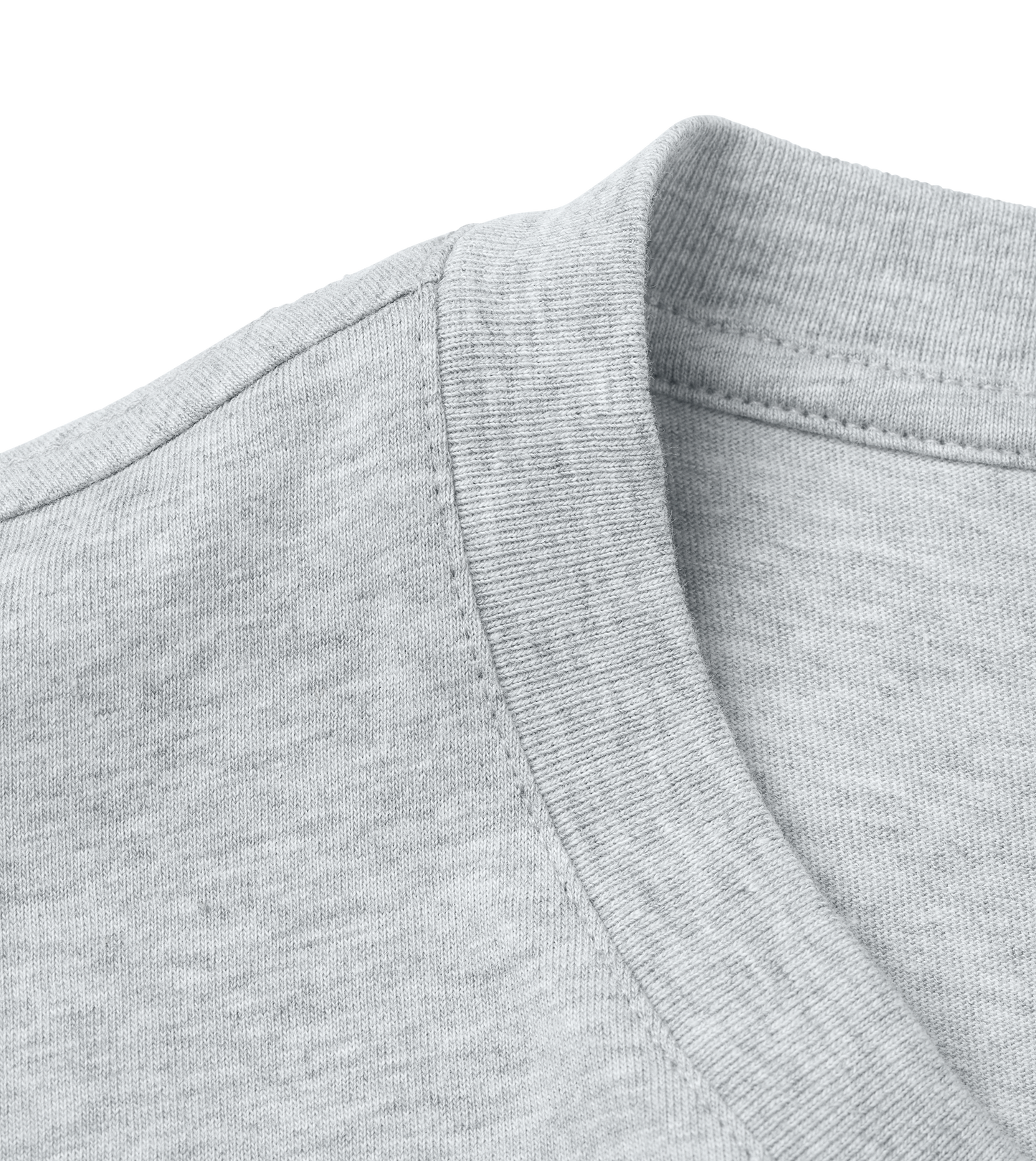 Close-up of a Supra-Quintessence gray t-shirt collar on a white background