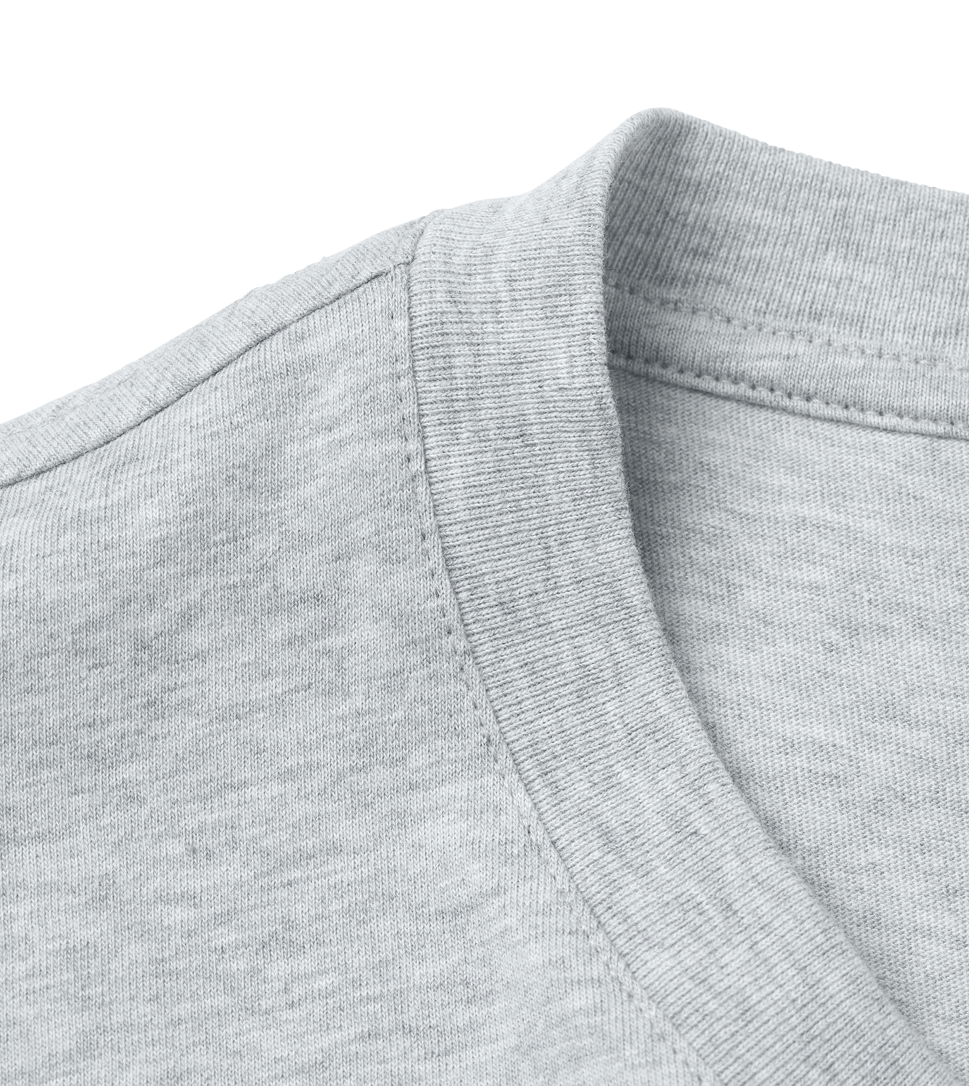 Close-up of a Supra-Quintessence gray t-shirt collar on a white background
