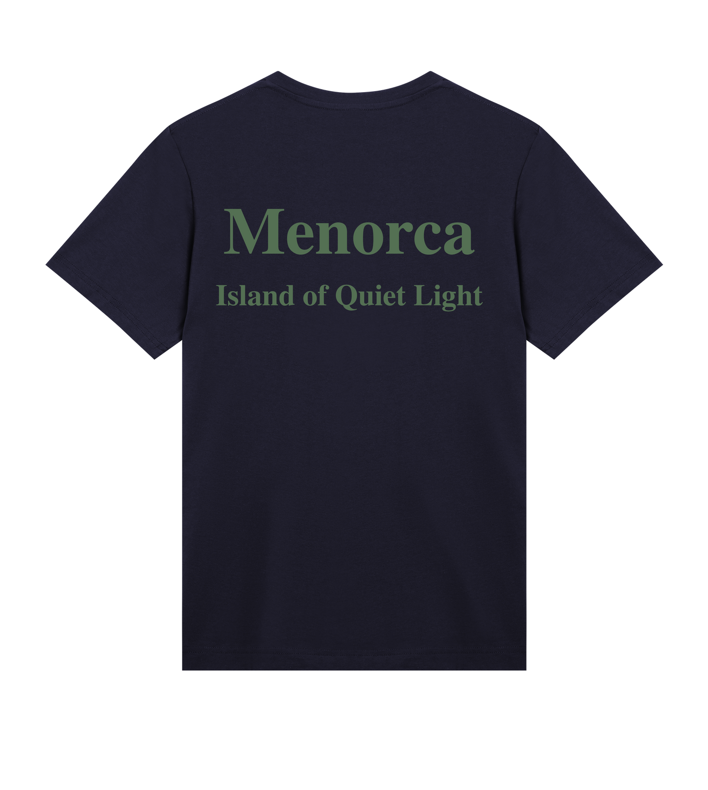 Supra-Quintessence Navy blue t-shirt with green text 'Menorca Island of Quiet Light' on a white background