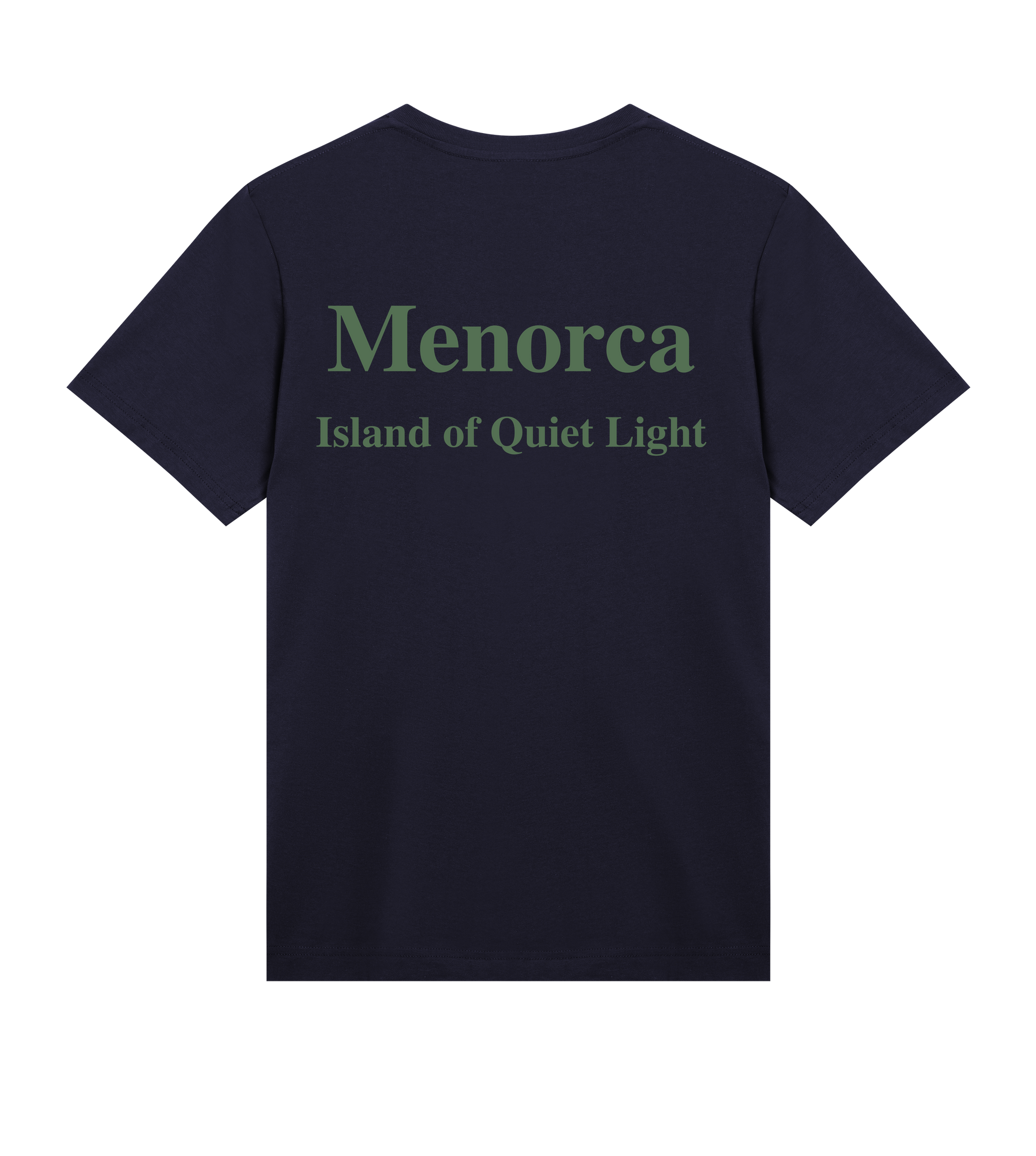 Supra-Quintessence Navy blue t-shirt with green text 'Menorca Island of Quiet Light' on a white background