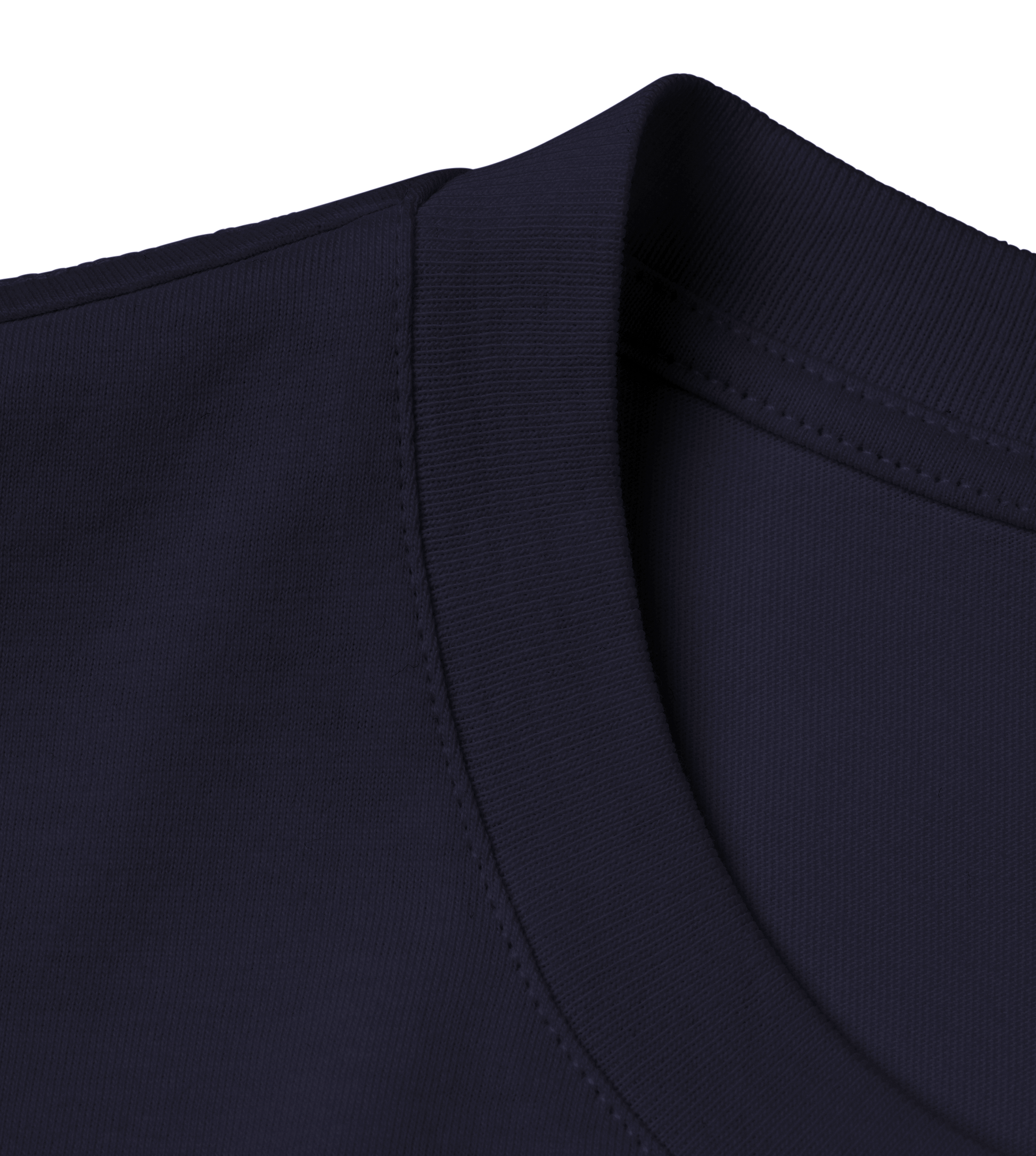 Close-up of a Supra-Quintessence navy blue T-Shirt with a collar on a white background