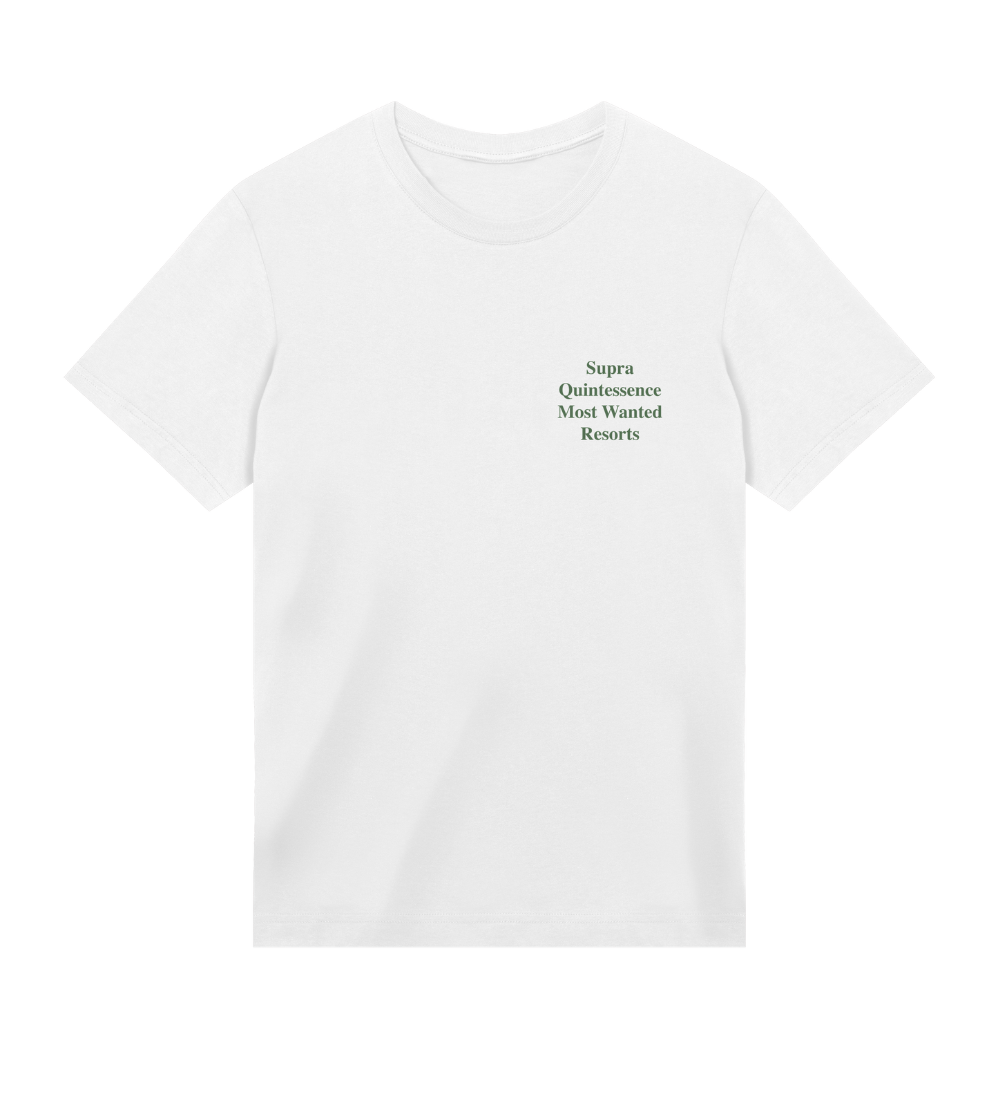 Supra-Quintessence White t-shirt with black text on a white background