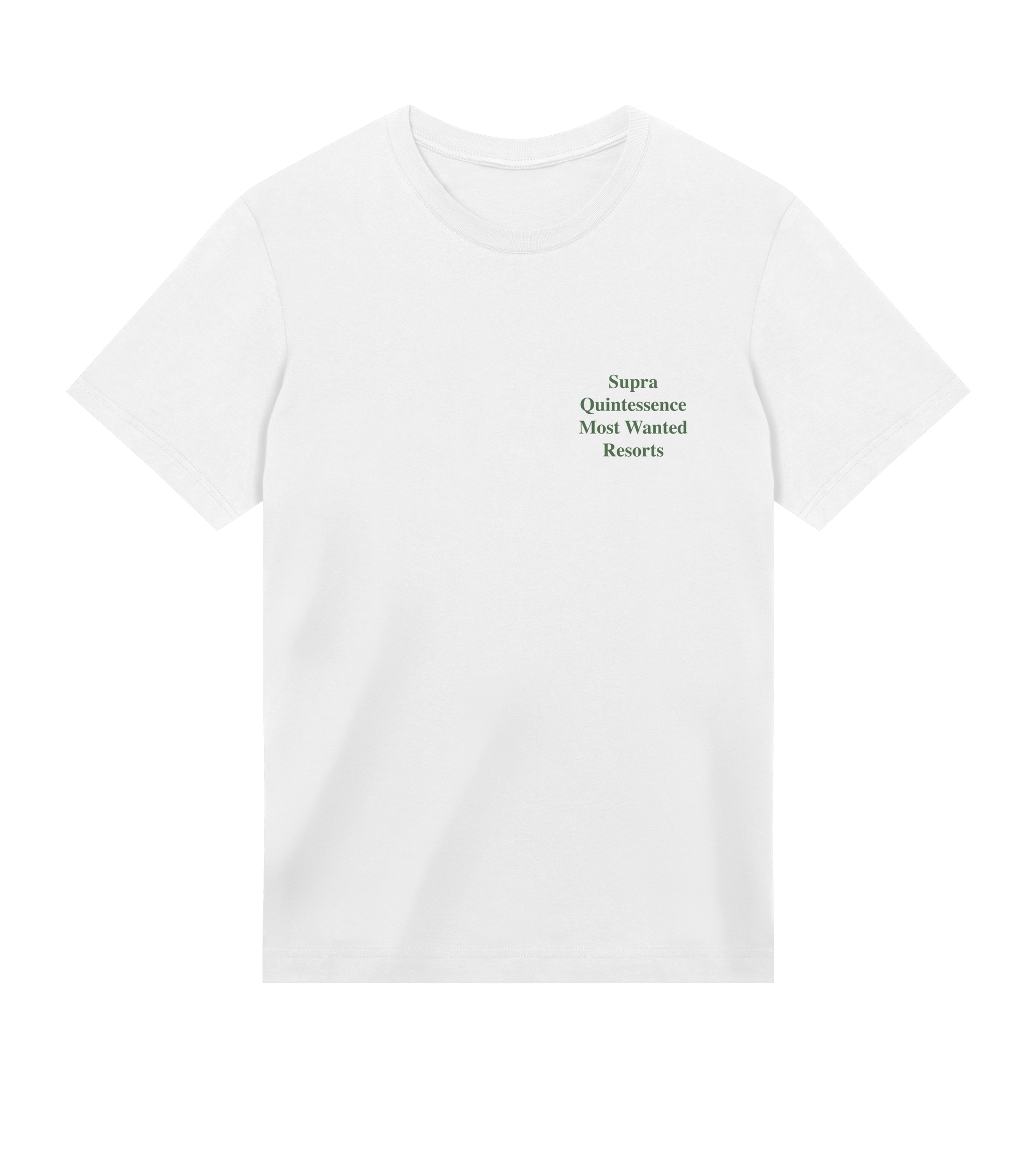 Supra-Quintessence White t-shirt with black text on a white background