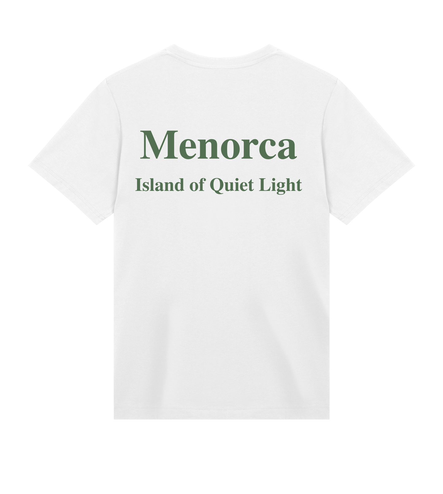Supra-Quintessence White t-shirt with green text 'Menorca Island of Quiet Light' on a white background