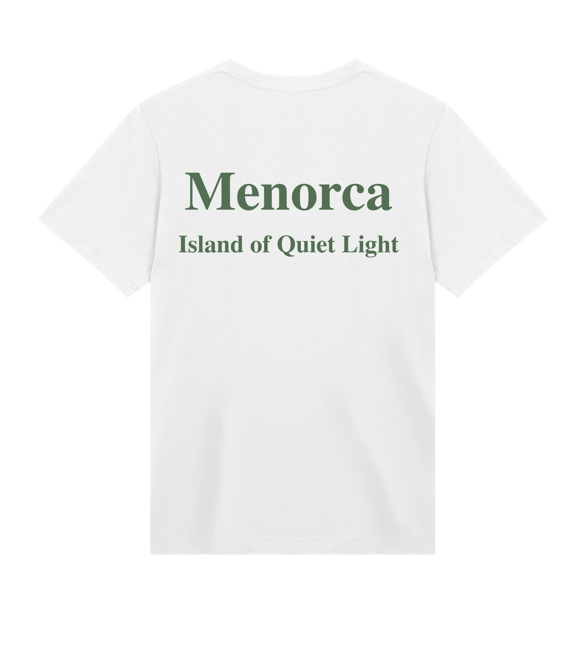 Supra-Quintessence White t-shirt with green text 'Menorca Island of Quiet Light' on a white background