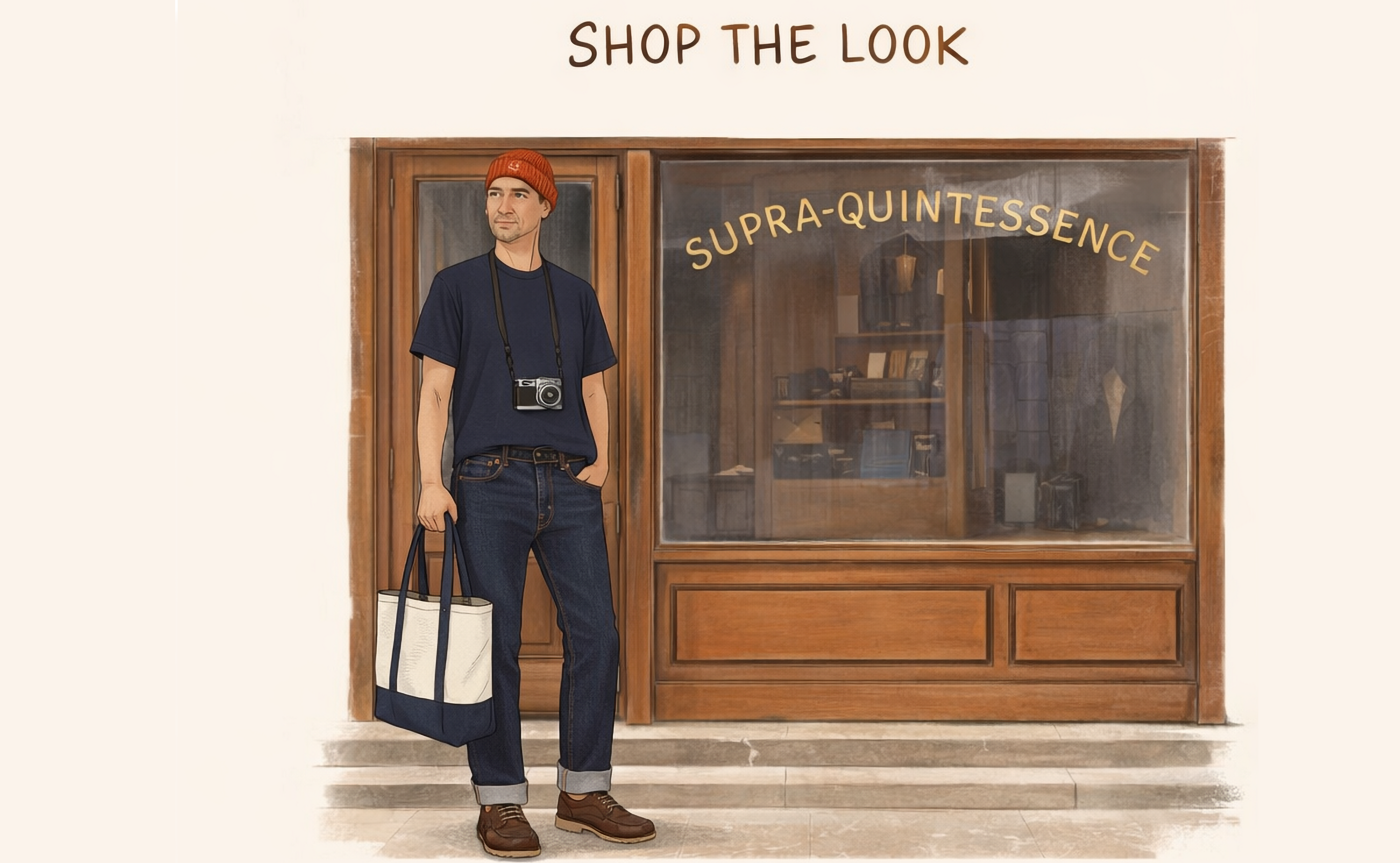 Person holding a bag in front of a store with 'Supra-Quintessence' sign.