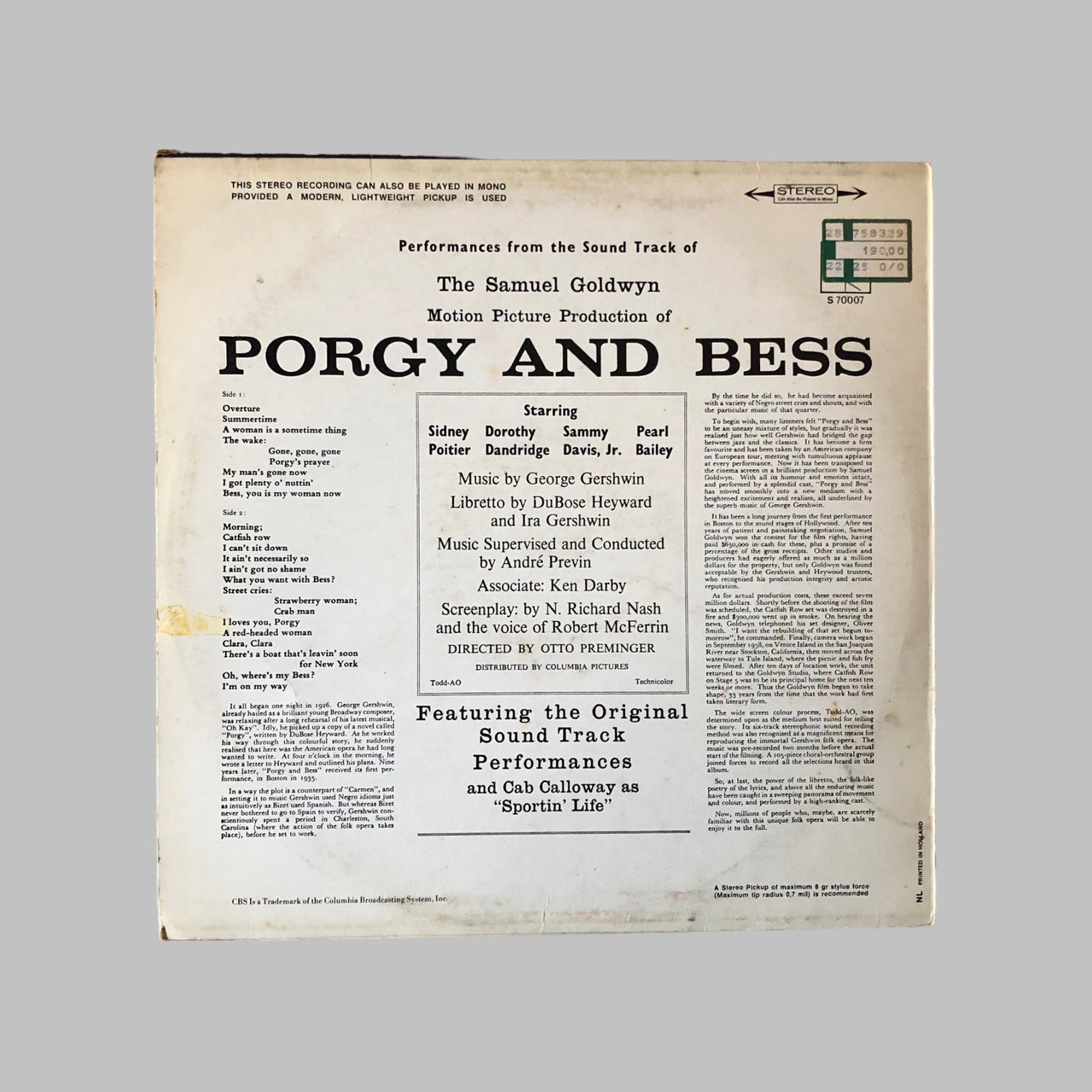 LP Vinyl - The Samuel Goldwyn - Porgy and Bess.